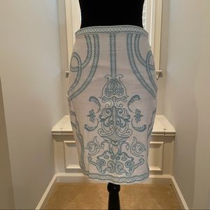 White Pencil Skirt with Blue Embroidery